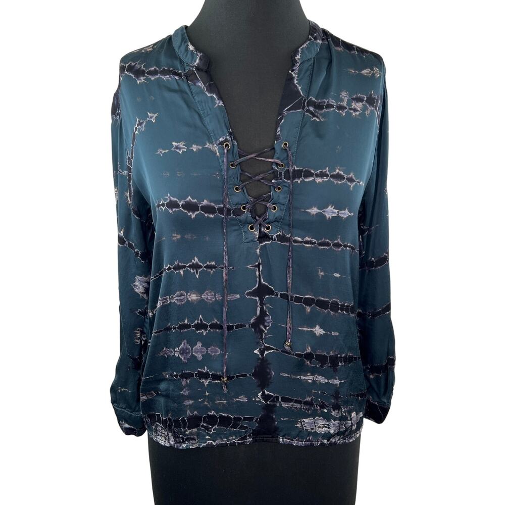 Gypsy 05 Teal Green Black Tie-Dye Corset Lace-Up Front Long Sleeve Blouse Top XS